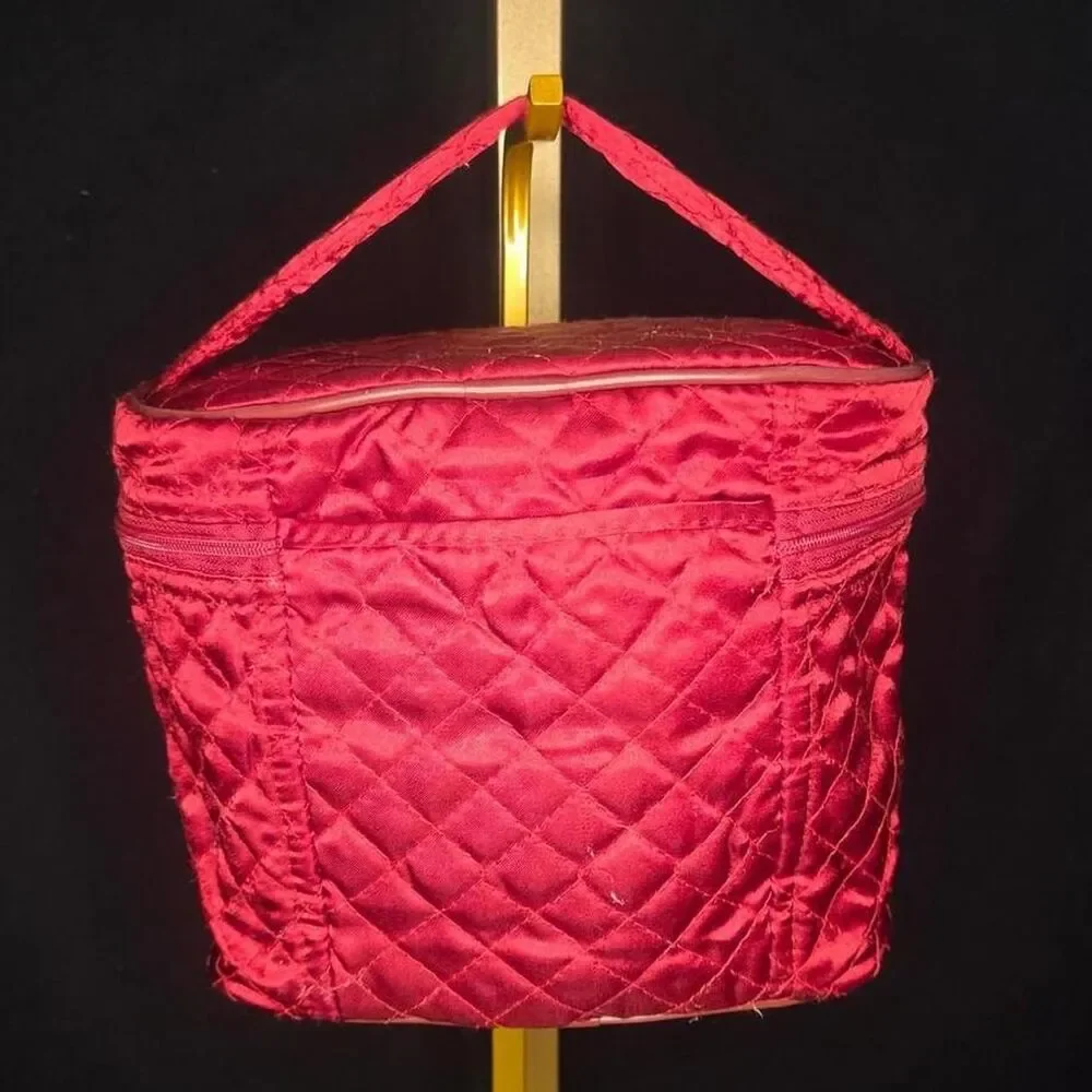 Red Quilted Makeup Train Case Cosmetic Travel Organizer Zip Carry Bag